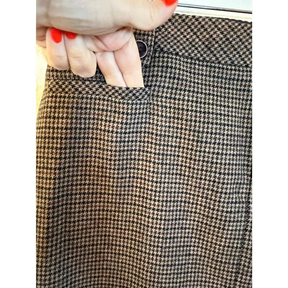 Eddie Bauer Skirt Wool Brown Houndstooth Fully Lined Front Zip Size 10 Pockets